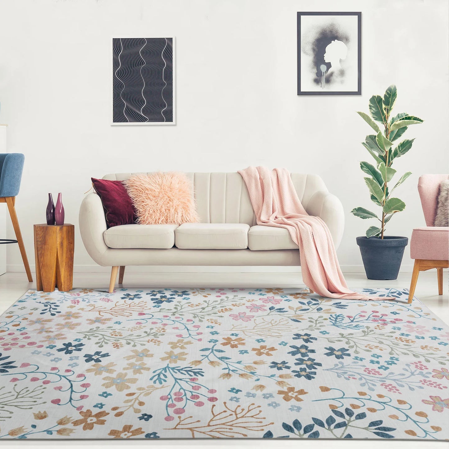 Spring Garden Ivory Teal Blue & Pastel Pink